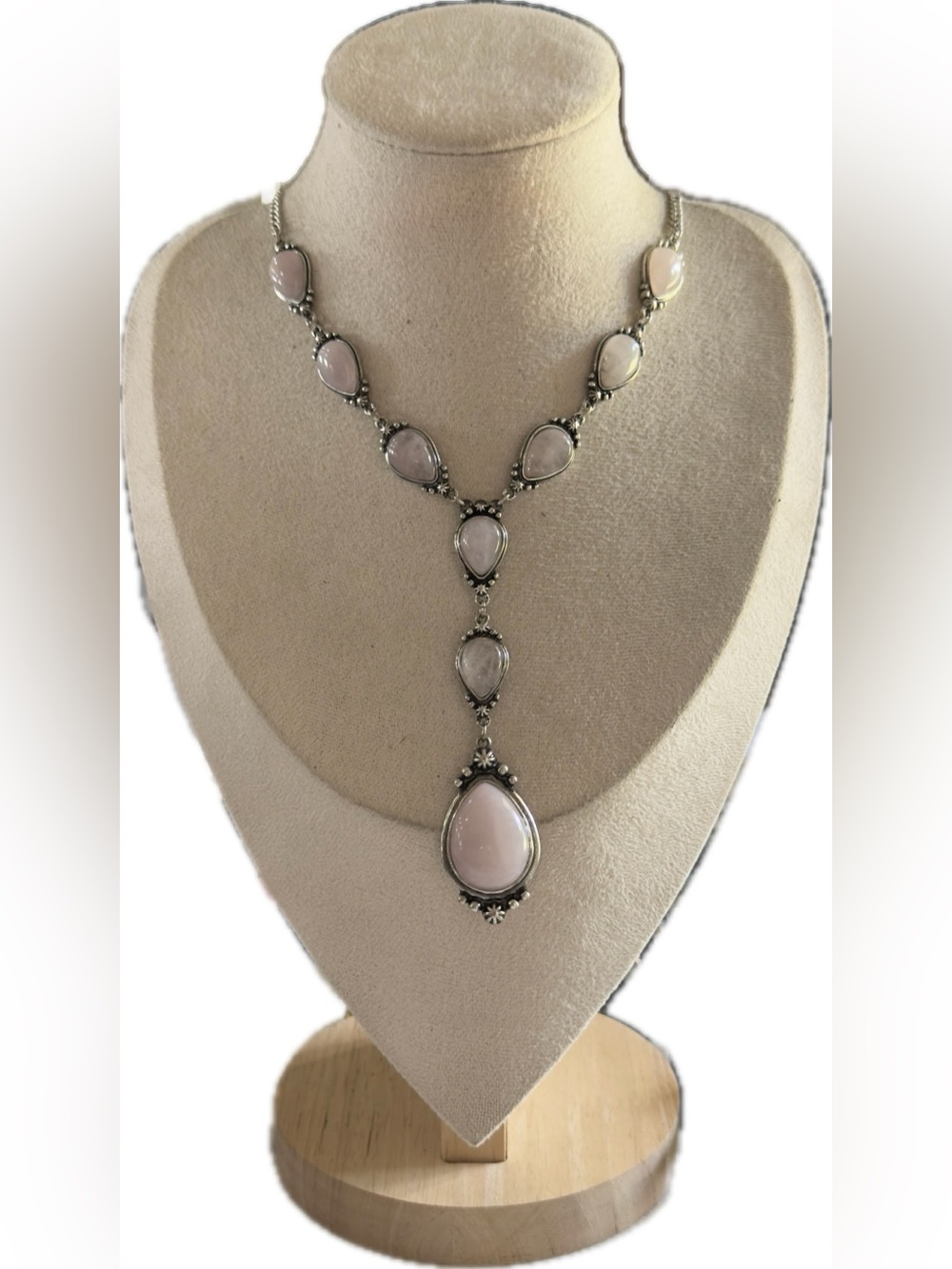 12” adjustable Shyanne Silver Necklace with Soft Pink Teardrop Stones